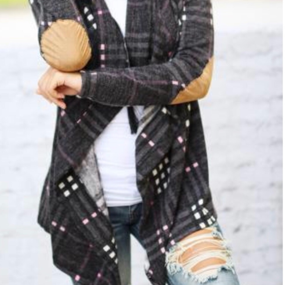 SALE//Plaid Elbow Patch Asymmetric Cardigan
